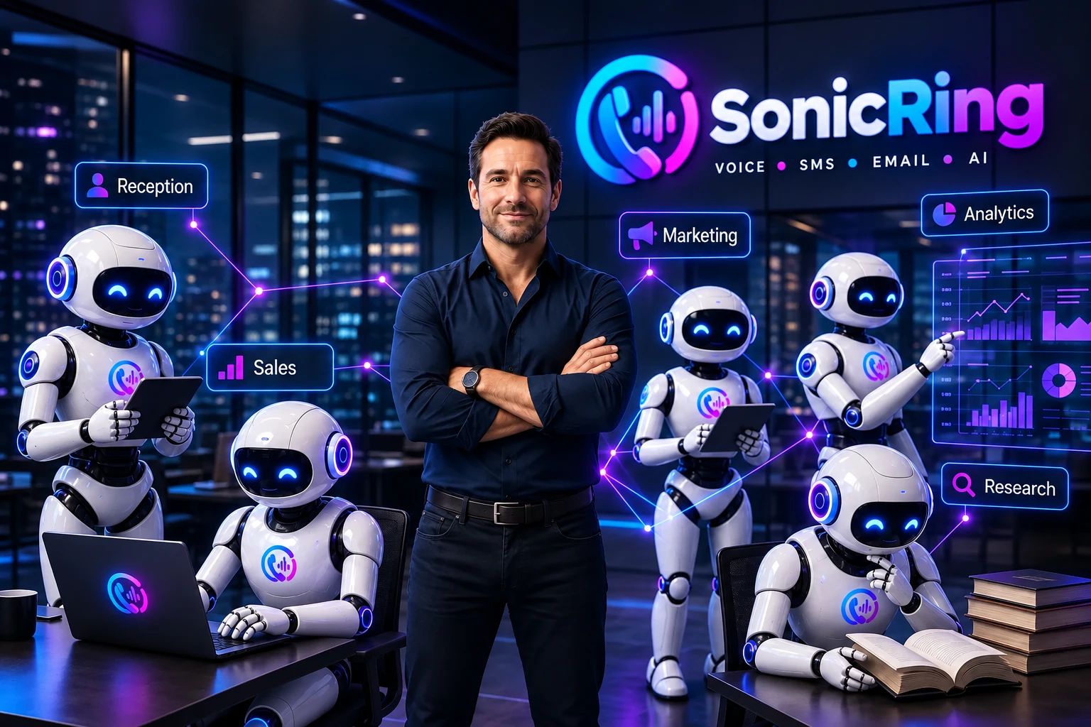 Business owner with SonicRing AI employee robots for reception, sales, marketing, analytics, and research